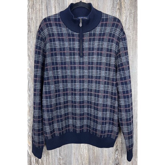 Vtg Brooks Brothers Extra Fine Italian Merino Wool Sweater Plaid 1/4 Zip Heavy L - Picture 1 of 12